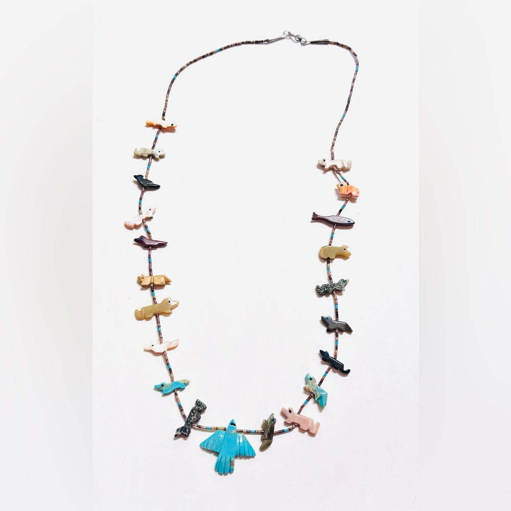 Vintage Zuni Fetish Necklace Carved Stone and Shell Bead Animals